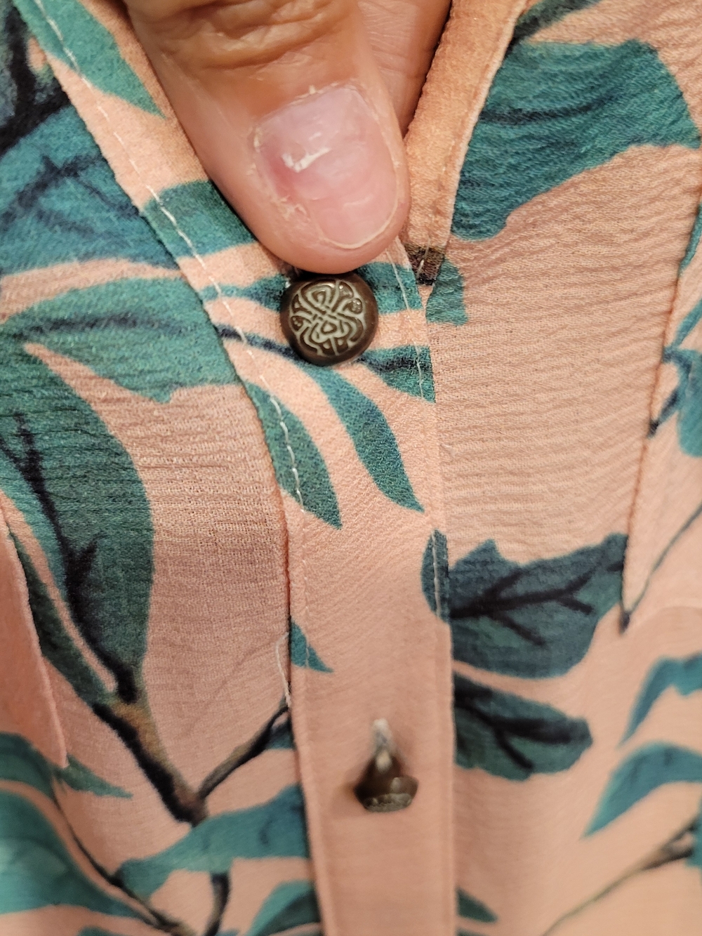 Soft Surroundings Peach Maxi Dress with Blue & Teal Botanical Bird Print - Picture 4 of 6
